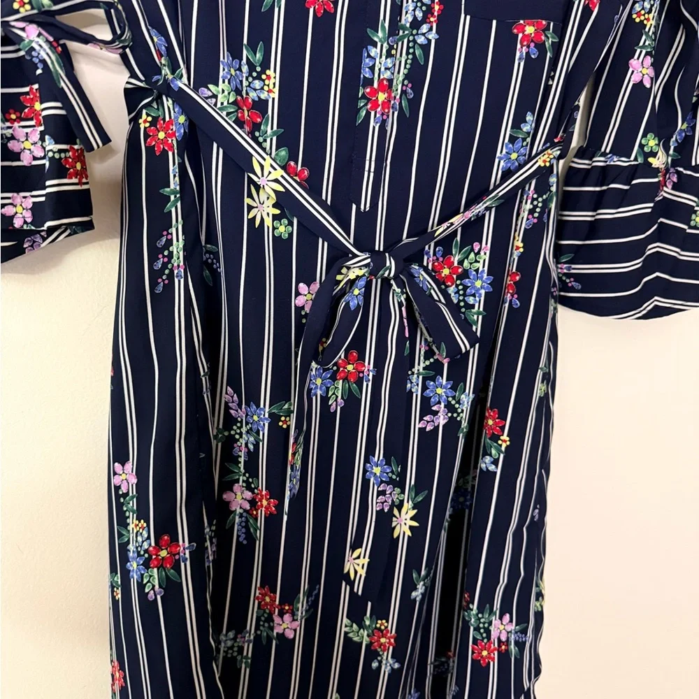 Skies Are Blue Floral Striped Belted Dress, size M, Cuff Ties, Button Up Mini - Picture 5 of 10